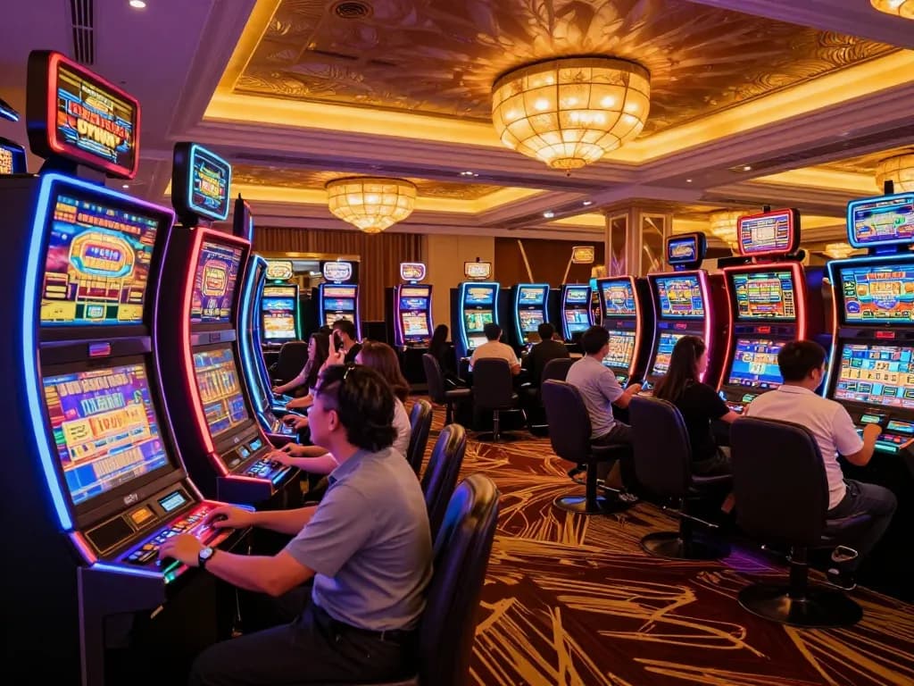 Rikvip players enjoying vibrant slot machines in an exciting casino atmosphere.
