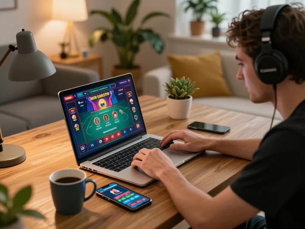 Engaging in non gamstop online gaming with a focused gamer at home, highlighting casino excitement.