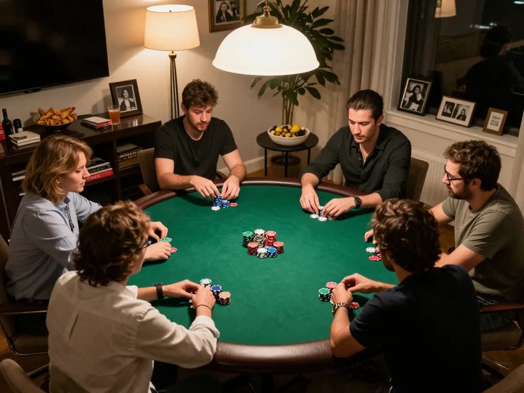 Friends playing a poker game at home, strategizing with chips at the table, tr88 excitement evident