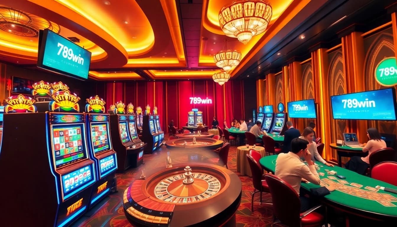 Players experience excitement at the luxury 789win casino with vibrant slot machines and poker tables.