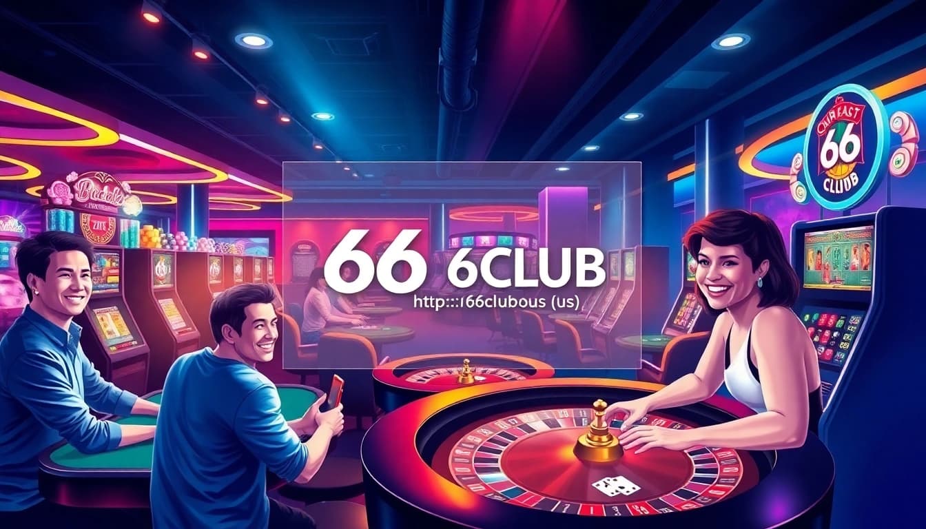 Experience the thrill of gaming at https://66club.us.com/ with vibrant casino elements and players enjoying their time.