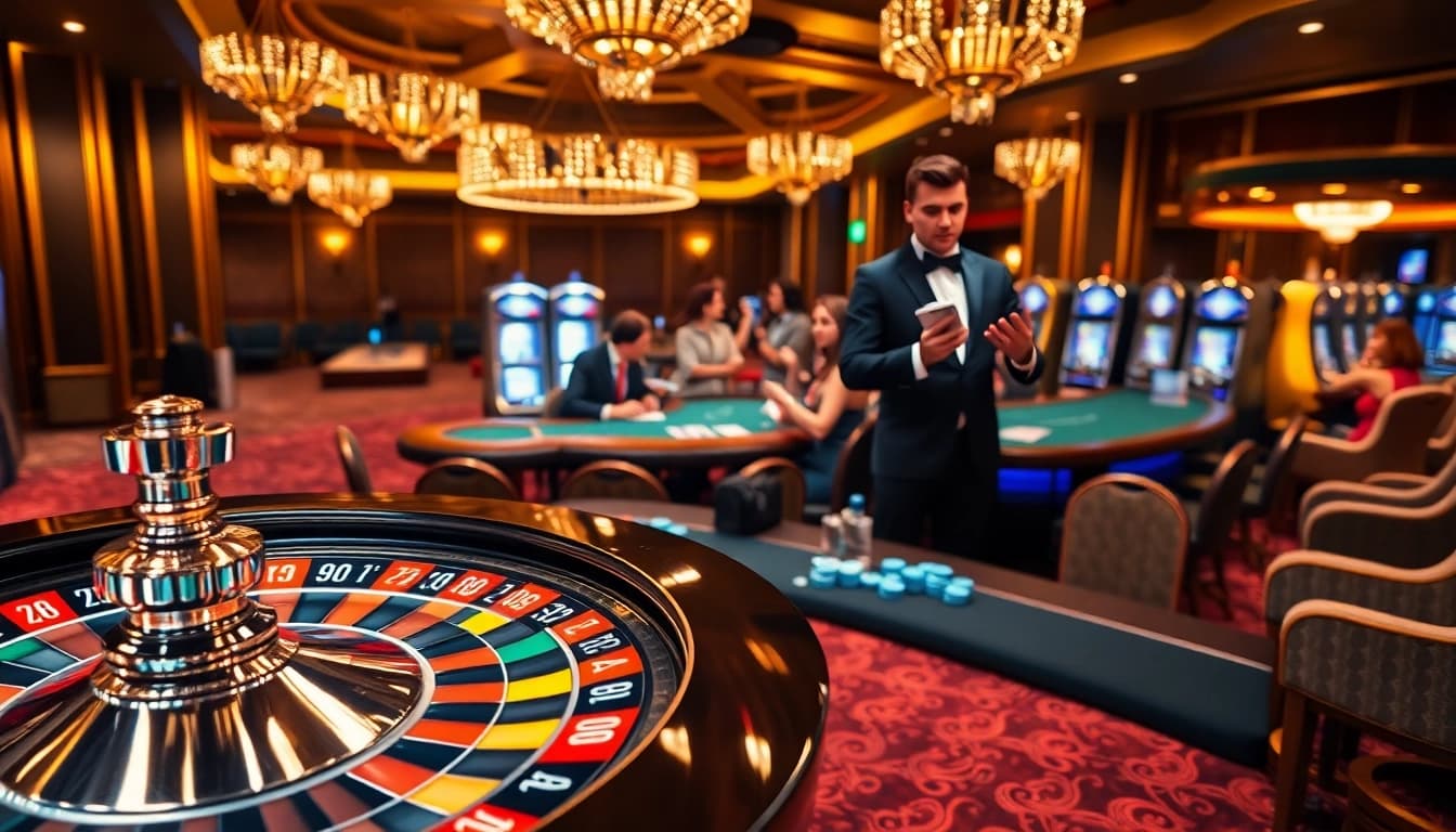 Exciting gambling action at https://go88club.page/ with players at table games in a luxurious casino.