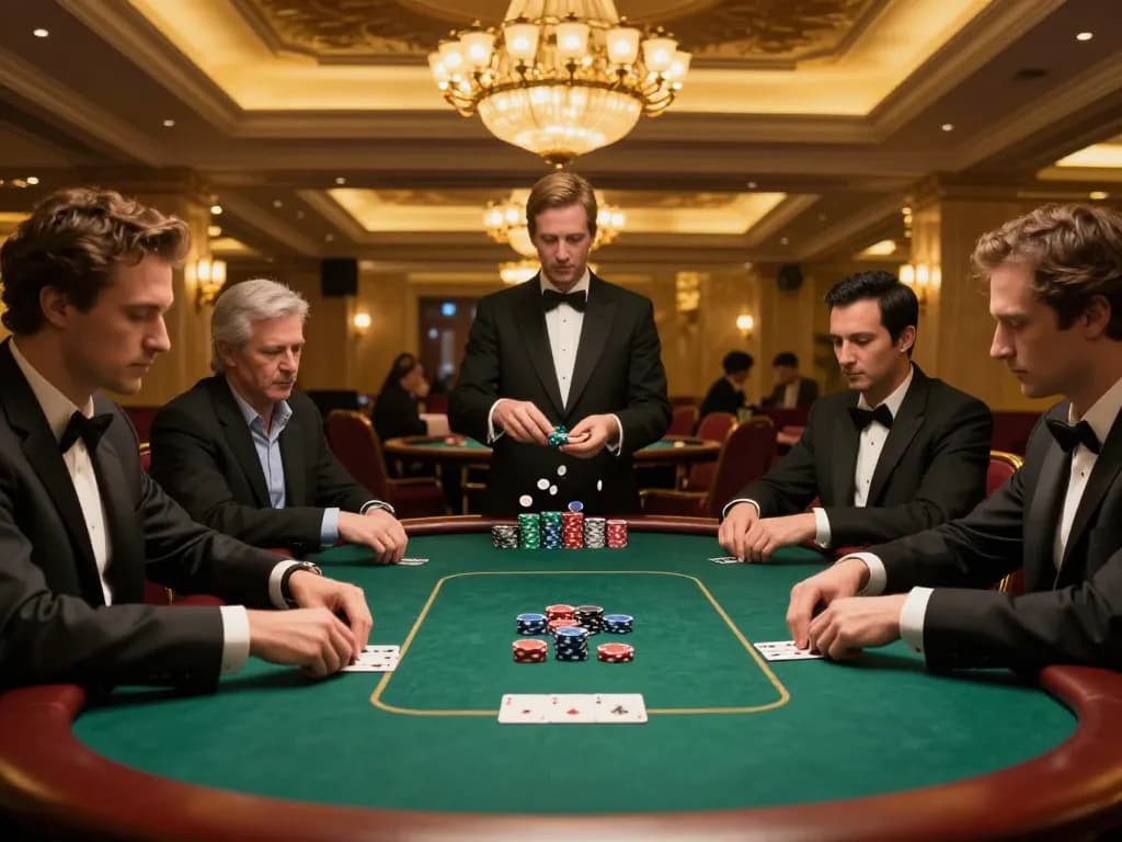 Players strategizing in a high-stakes poker game at F8BET's luxurious casino tables
