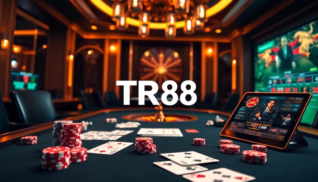 Experience the thrill of TR88 gaming at a luxurious poker table with cards and chips.