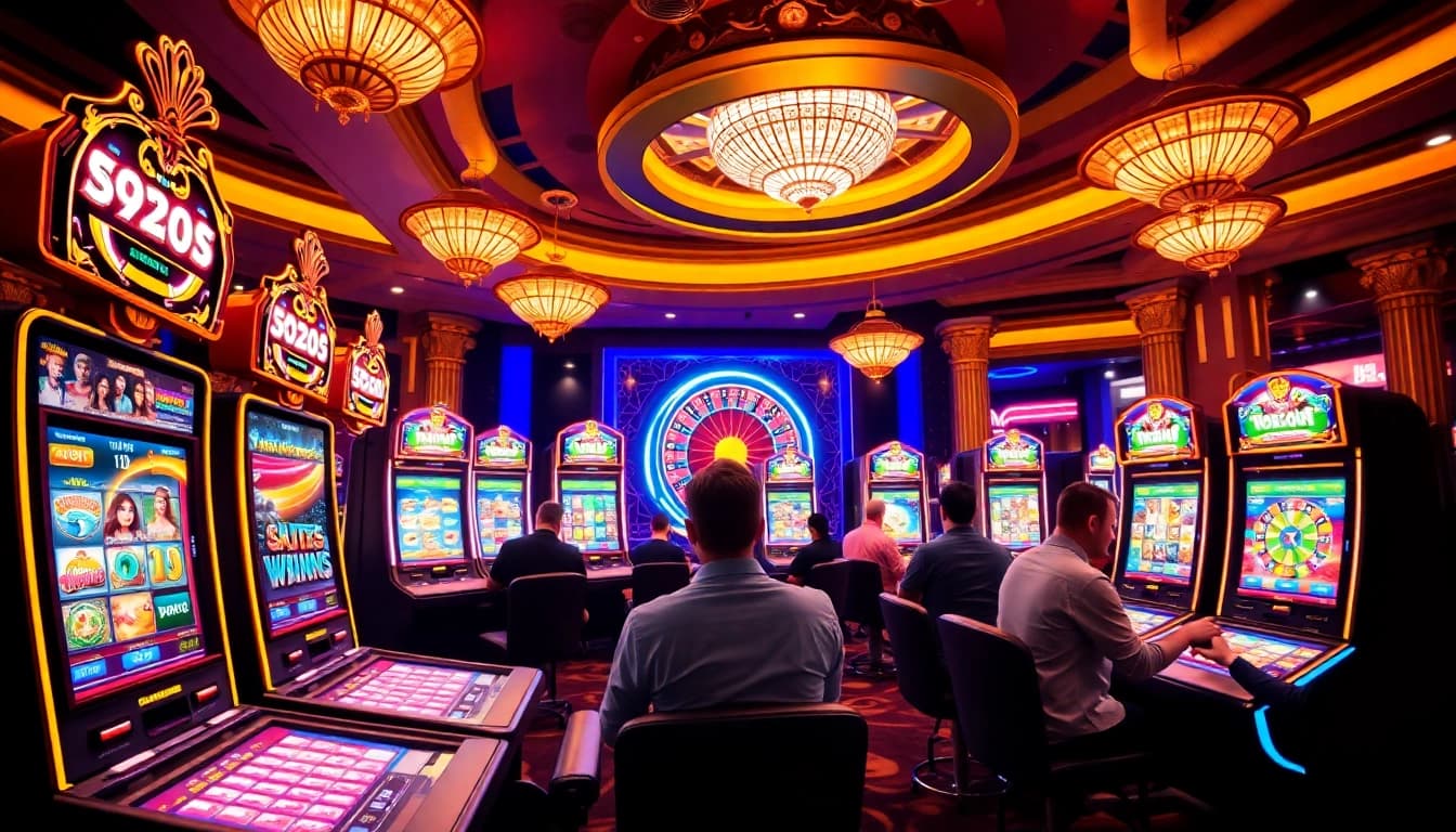 Players enjoying idnslot online gaming with vibrant slot machines and dynamic atmosphere.