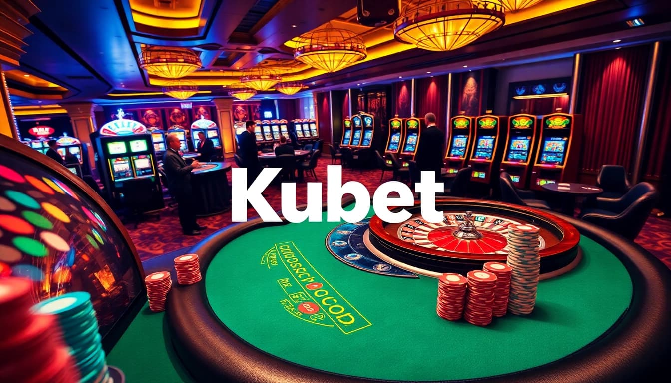 Kubet casino scene showcasing vibrant blackjack and roulette tables with colorful chips.