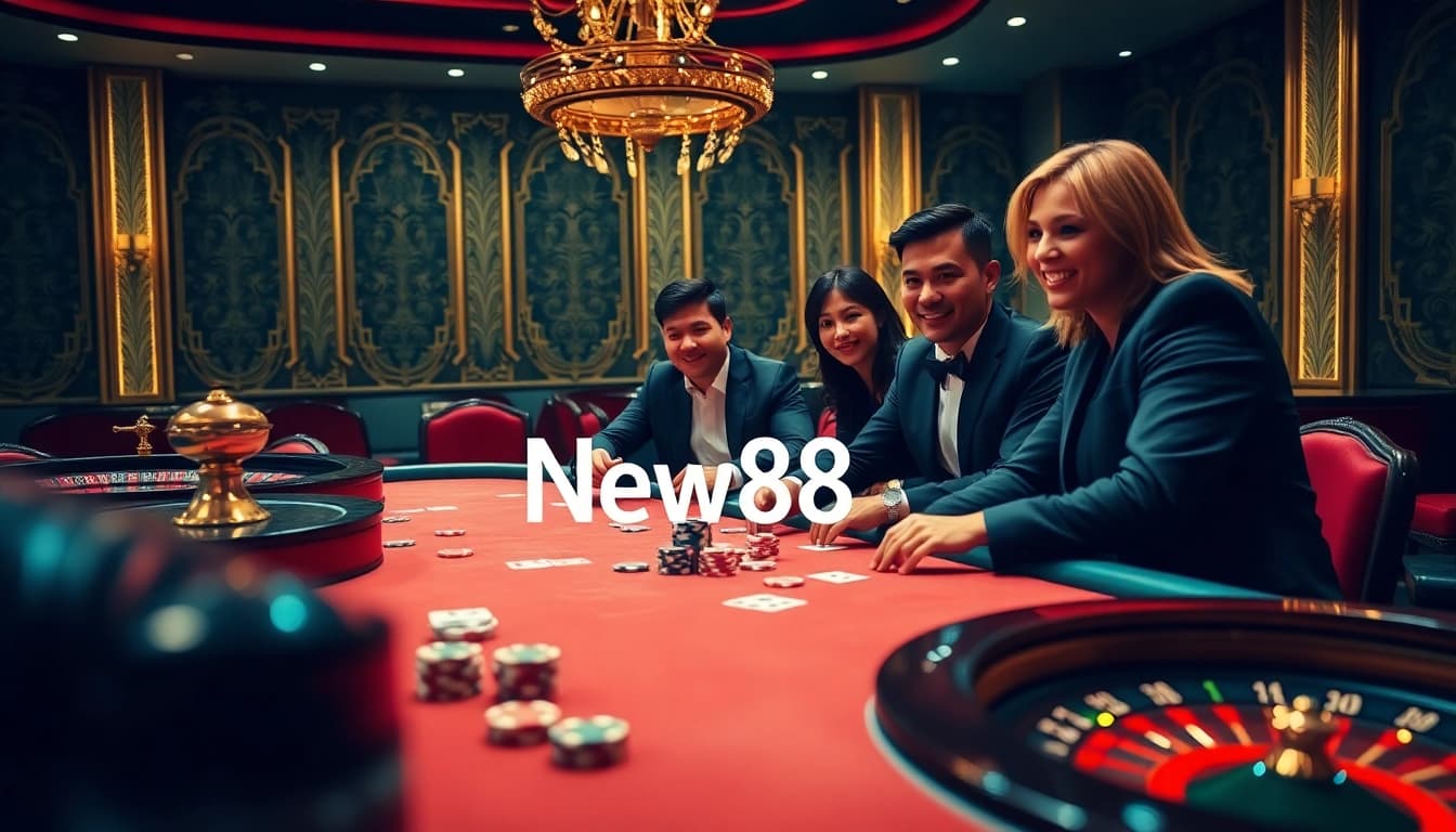New88 players enjoying an exciting game at a luxurious casino table with vibrant colors and thrilling atmosphere.