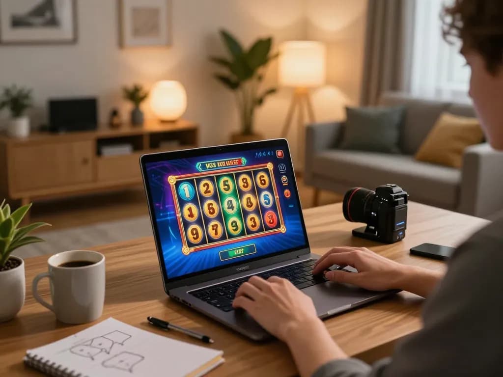 Bermain Demo Slot di laptop dalam lingkungan kantor rumah modern dengan grafik berwarna-warni.