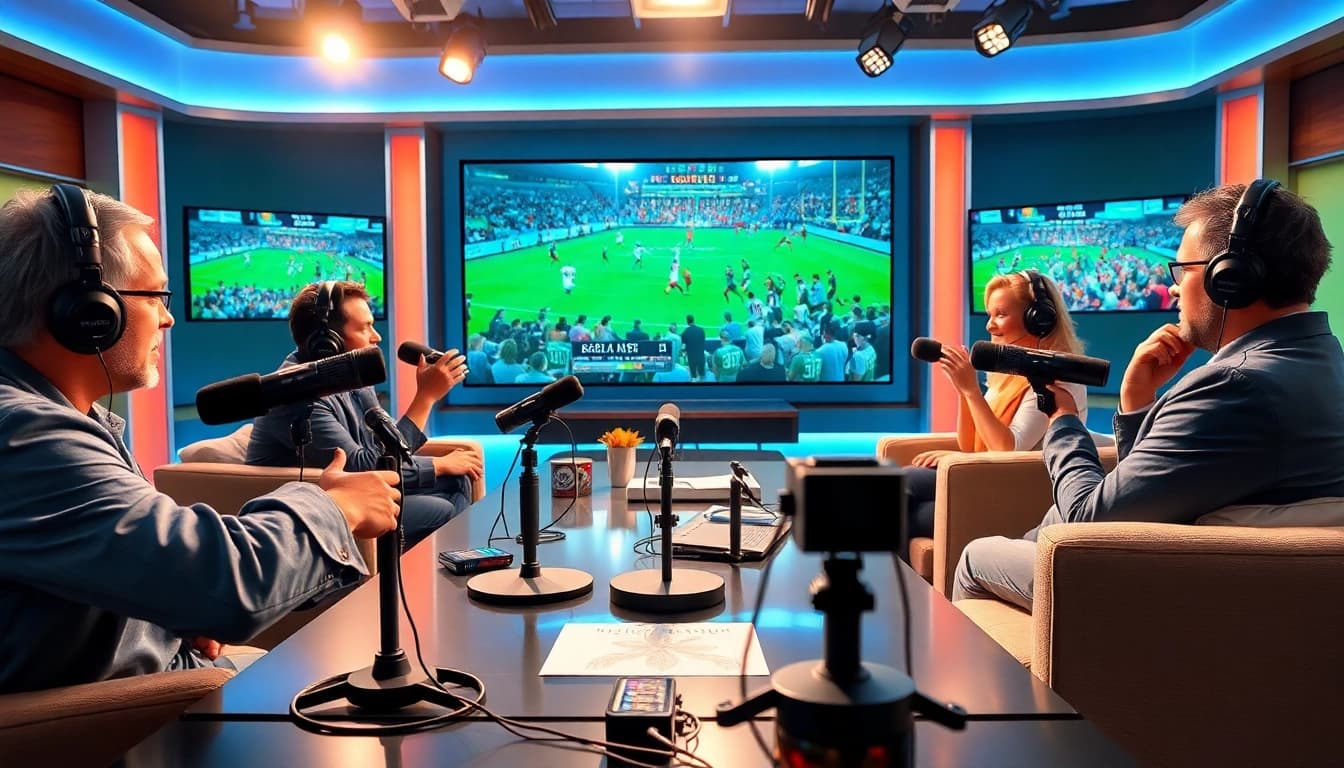 Engaging sports broadcasting team discussing live events in a professional studio setting.