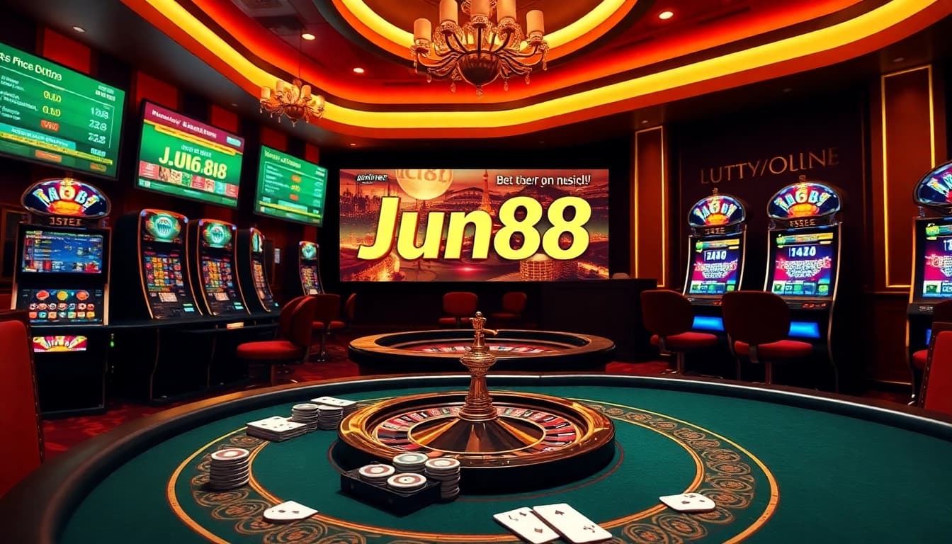 Exciting Jun88 online gambling scene with poker table, roulette wheel, and slot machines