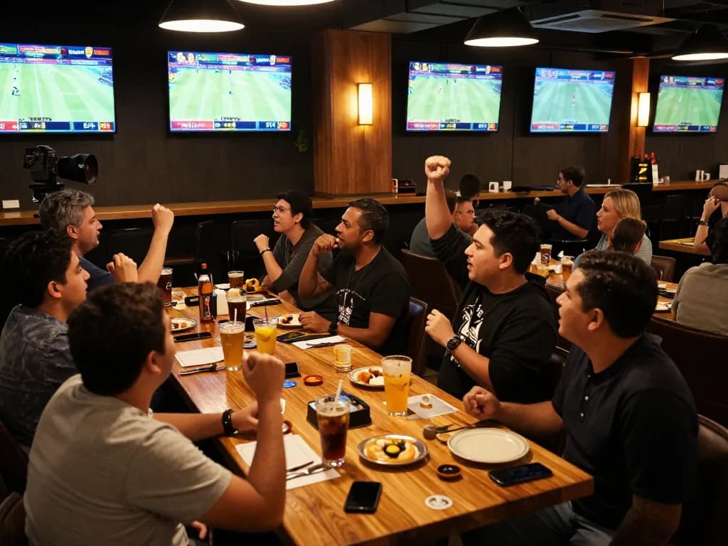 Exciting patrons engaging in live sports betting at 68win.com with multiple screens showing games.