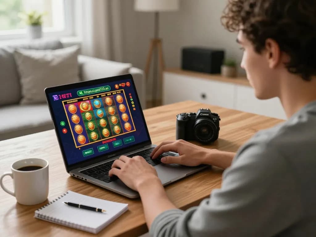 Playing colorful slot games at home with gaming notes at https://goal123.ac/ for a responsible gambling experience.