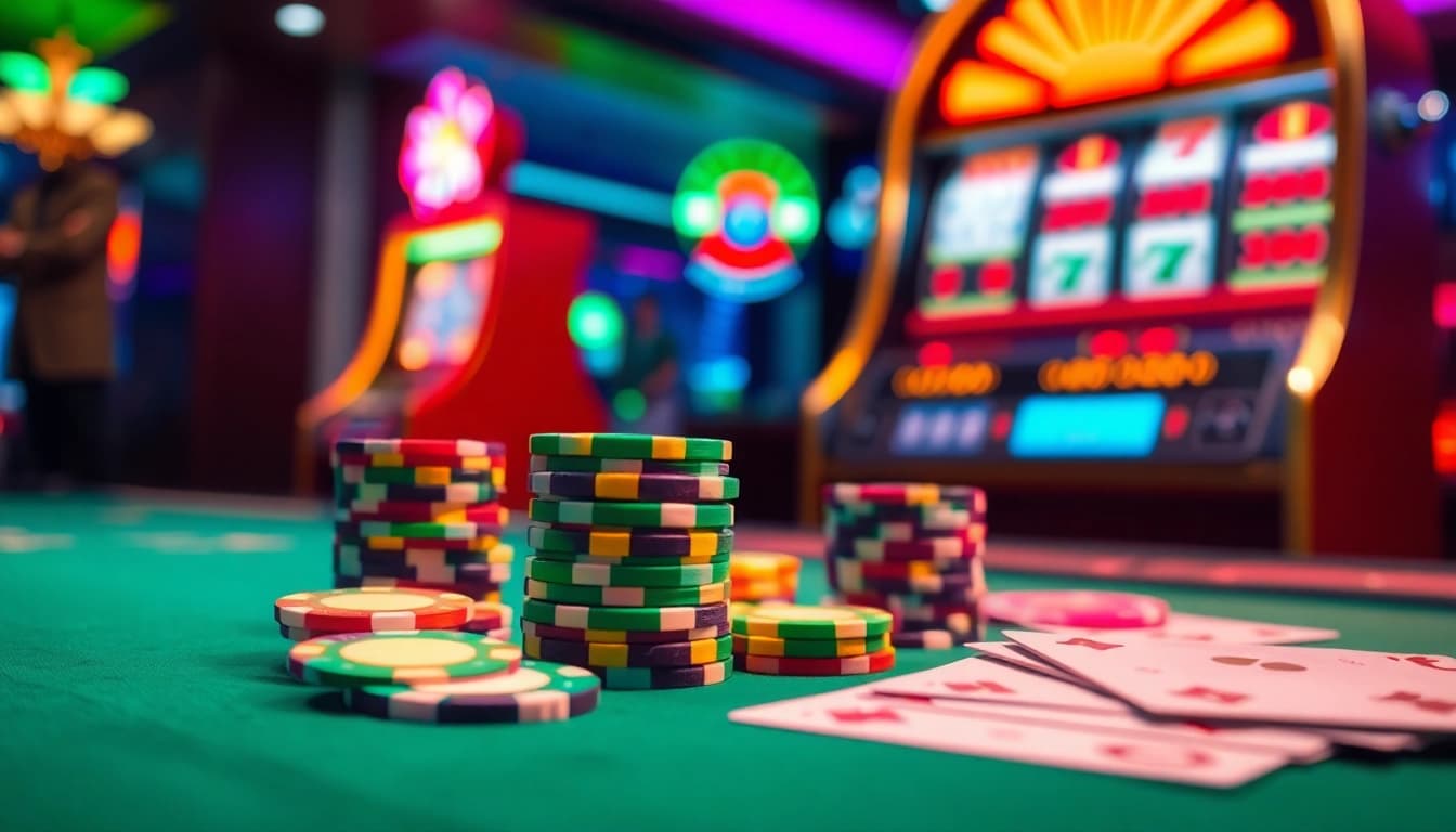 Experience the thrills of e2bet casino with colorful poker chips and vibrant gaming atmosphere.