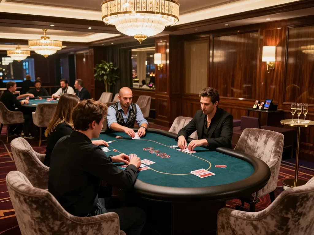 king33 players strategizing over cards in an elegant VIP poker game setting
