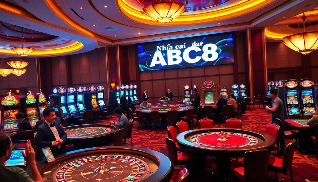 Gambling action at the glamorous Nhà cái ABC8 casino, featuring tables and players.