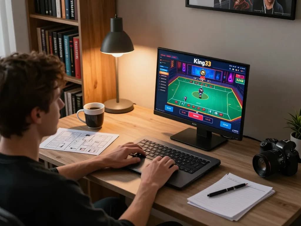 Engaging player interacting with King33 online casino game on a laptop, showcasing strategic gameplay