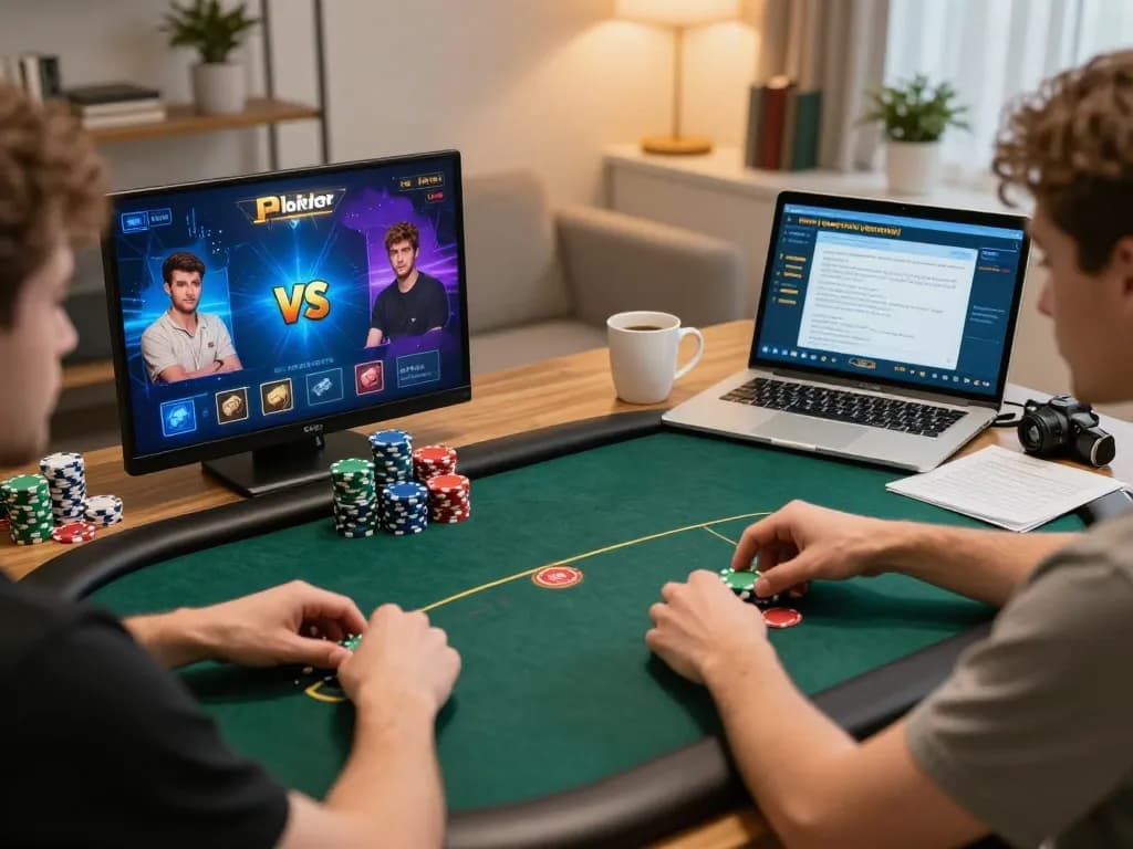Engaged players strategizing with 388bet during an exciting online poker game in a cozy home setting.