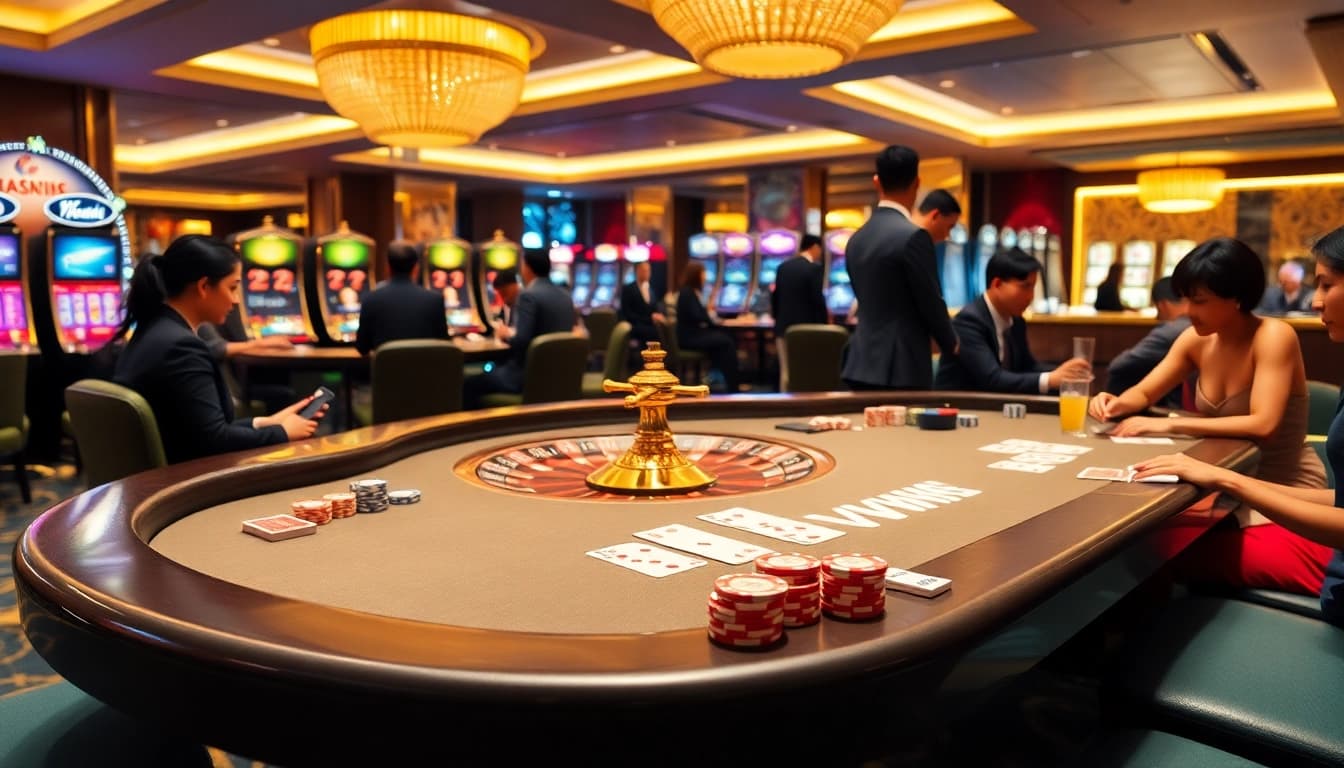 Exciting casino gameplay at VVVWIN with vibrant tables and spinning roulette.