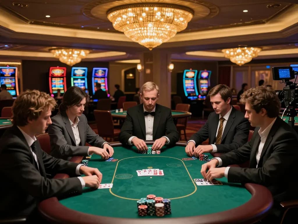 Players strategizing in a high-stakes poker game at a luxurious casino, showcasing the vibrant atmosphere of sc88vn.