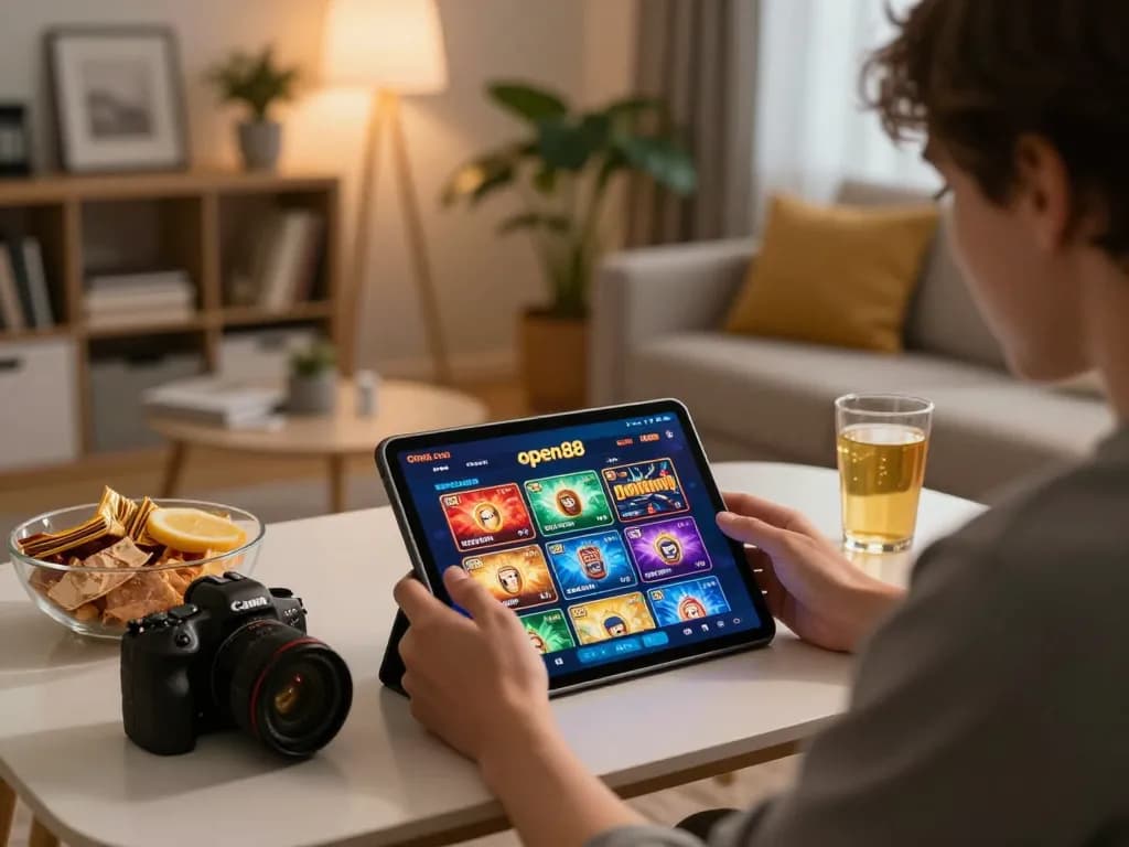 Engaging with the open88 com casino app during a cozy home gaming session.