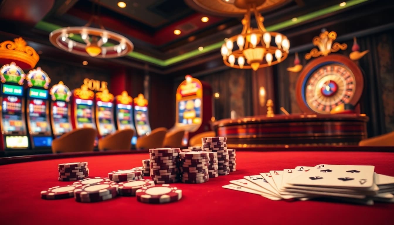Engaging players at the casino tables during the game ok8386, showcasing poker chips and vibrant slots.