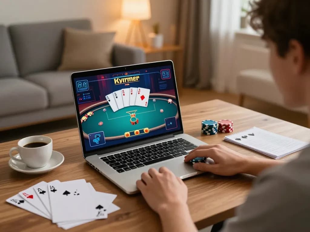 Engaged player participating in cm 88 online poker game in a cozy home setup.