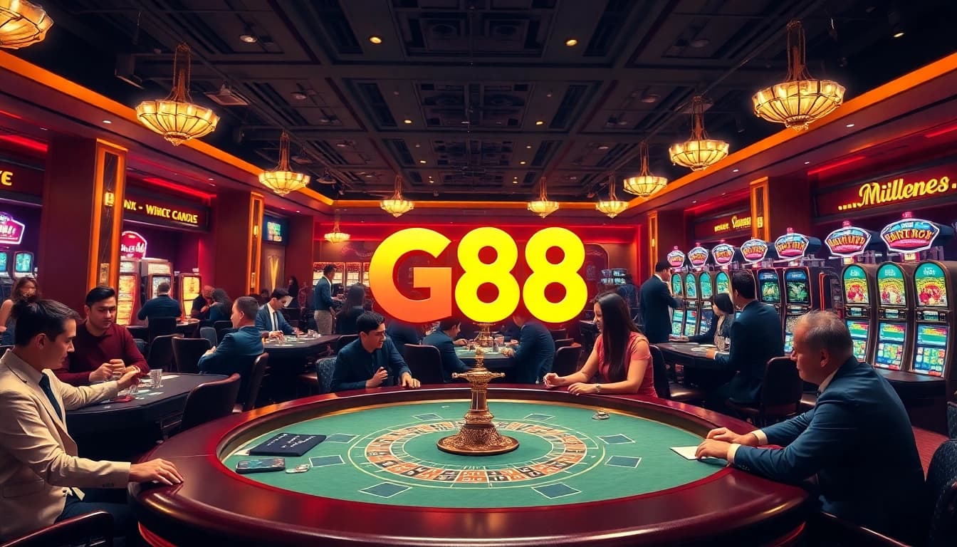 Exciting casino scene showcasing GG88 with card games and roulette tables in a luxurious setting.