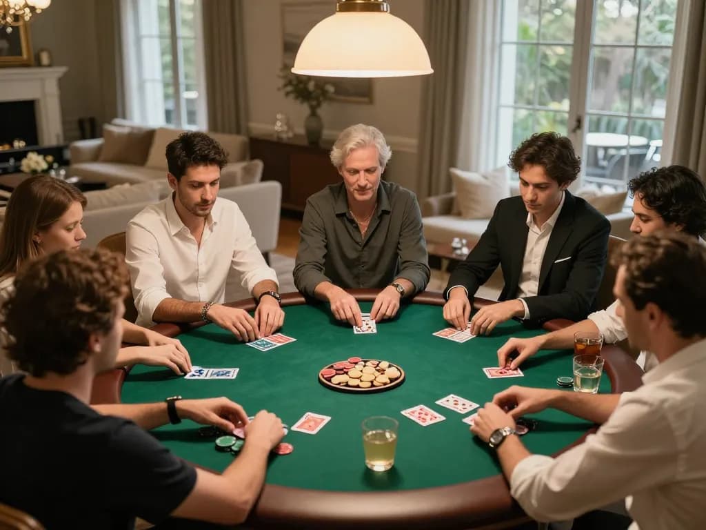Engaging poker game scene highlighting players at home, emphasizing strategic gameplay for mm88 com members.