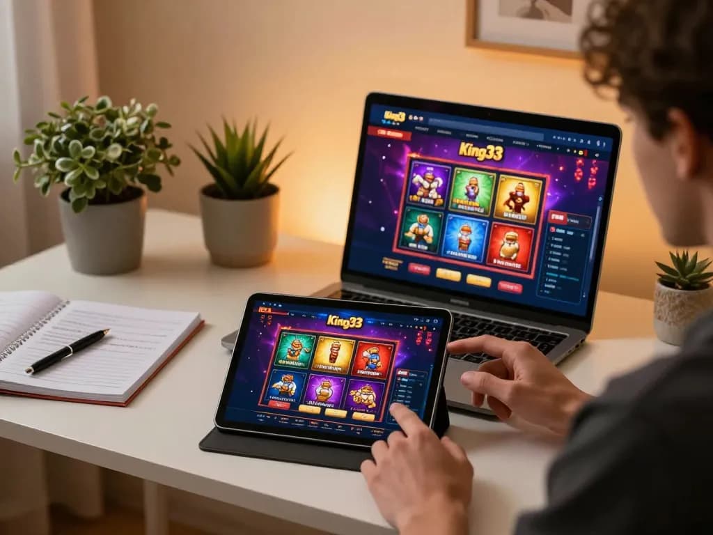 Engaging with king33 online casino on a tablet in a cozy home setup.