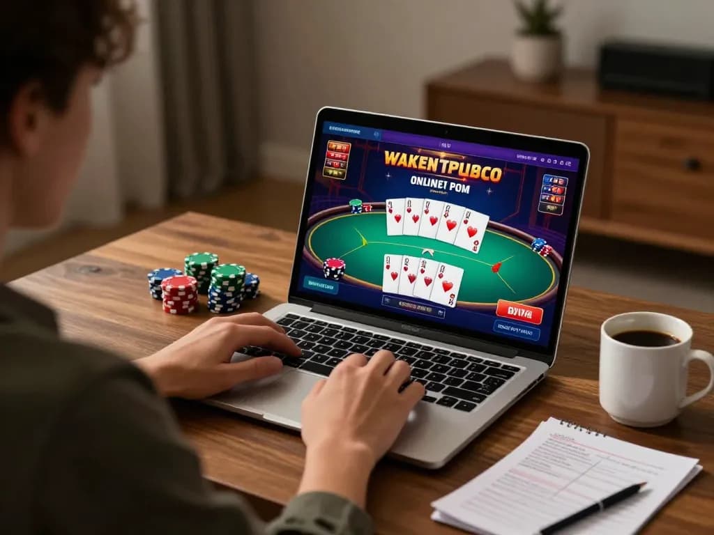 Engaging online gambling scene with 789F showcasing poker gameplay on a laptop in a cozy environment.