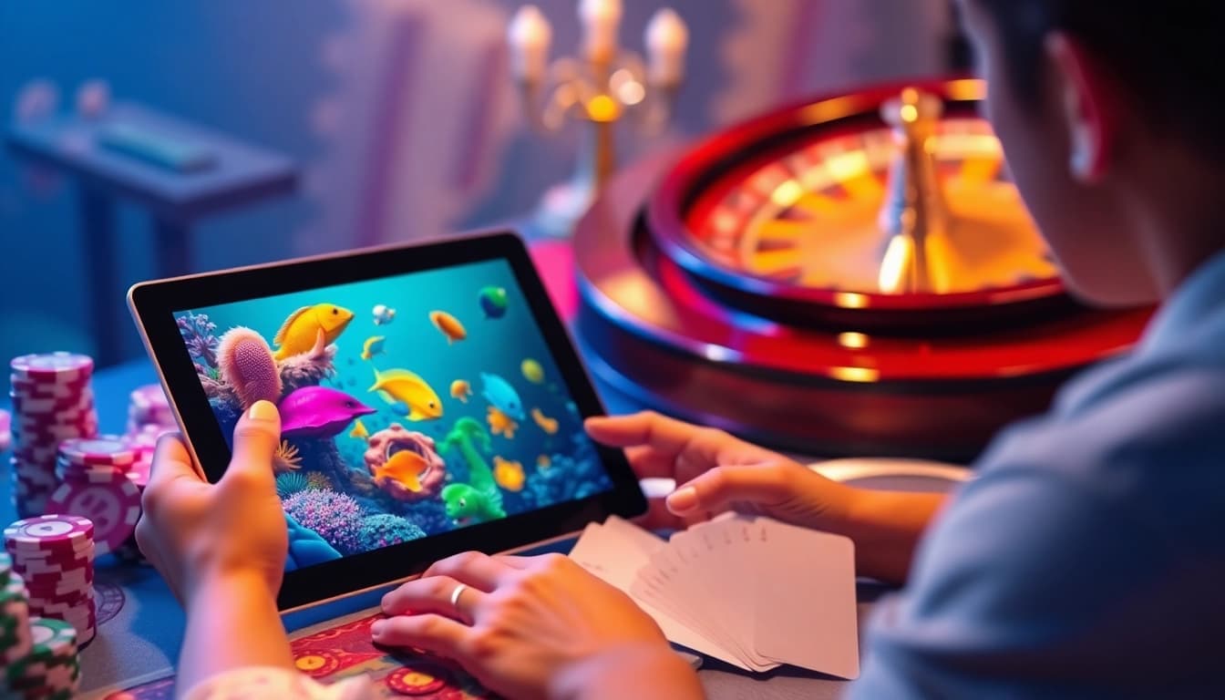 Bắn cá ee88 gameplay with vibrant ocean graphics and immersive gambling elements on a digital interface.
