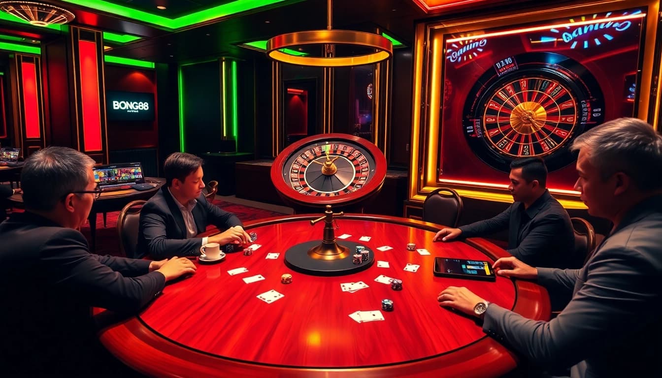 Players enjoying intense poker action at a Bong88 casino table, with vibrant chips and cards.