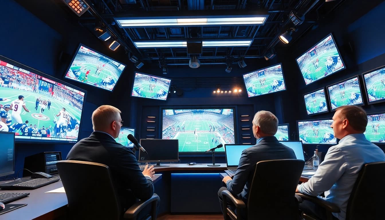 Captivating scene of Sports Broadcasting analysts discussing the latest game highlights in a modern studio.