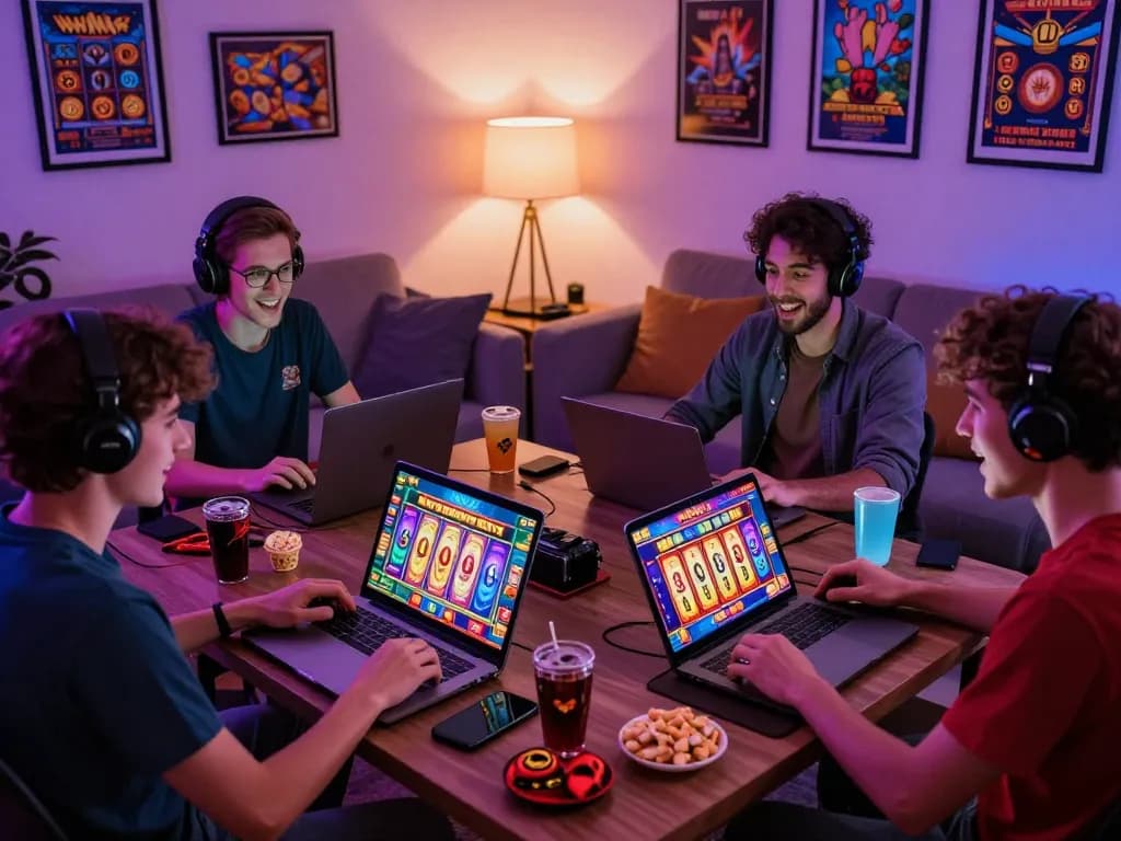 Pemain yang antusias menikmati permainan slot online di rumah, menyoroti grafik yang cerah dan suasana permainan yang nyaman.