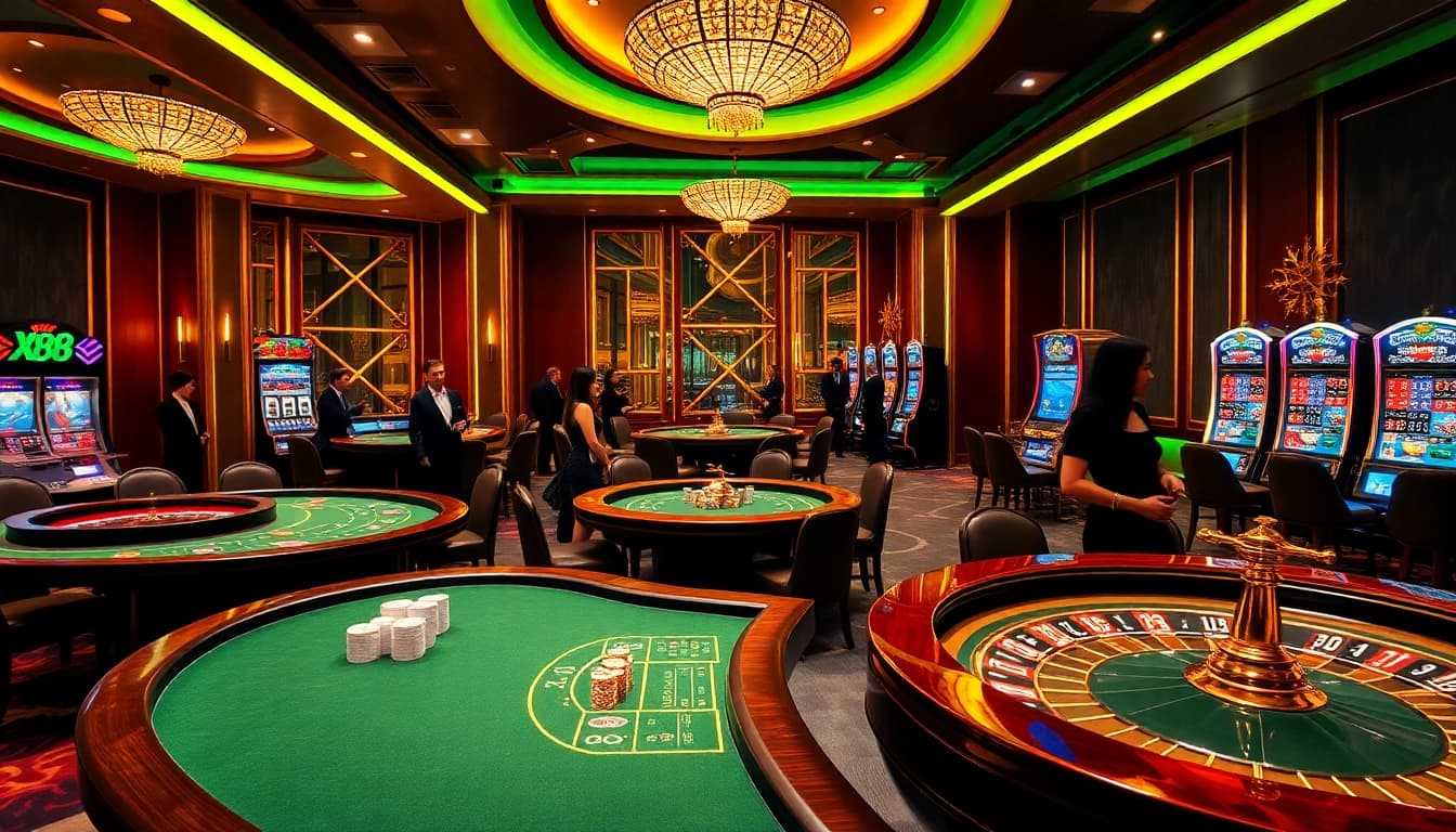 X88 online casino scene featuring vibrant gambling tables, cards, and a roulette wheel in a luxurious setting.