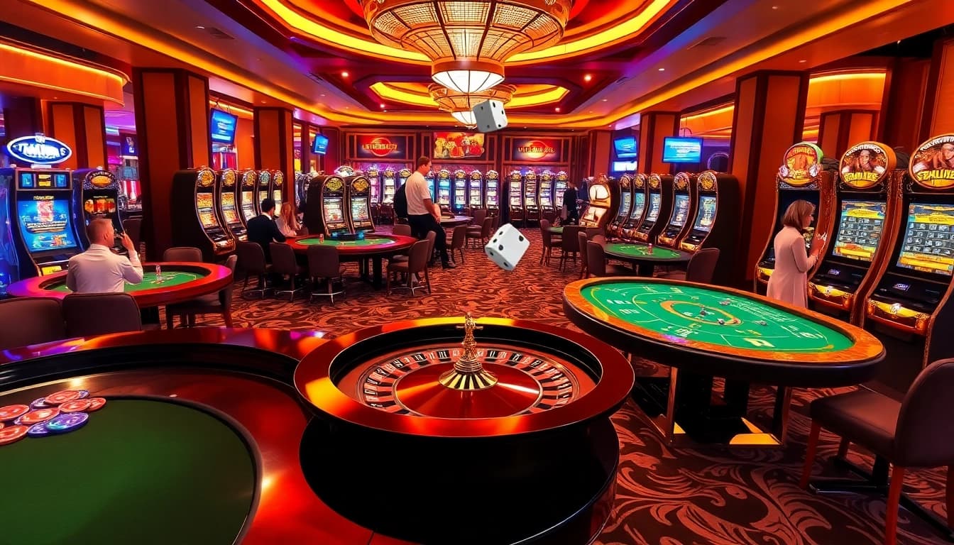 Players enjoying a lively gaming session at LC88's vibrant casino floor with roulette and poker tables.