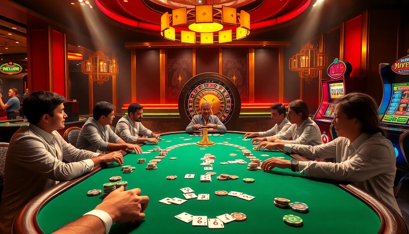 Experience nohu90 action at a lively poker table with vibrant chips and cards.