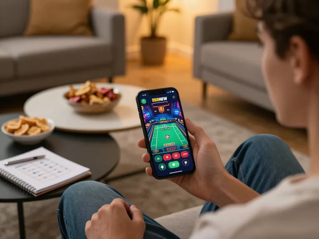 Player engaging with the 888NEW mobile app for live dealer games in a cozy home setting.