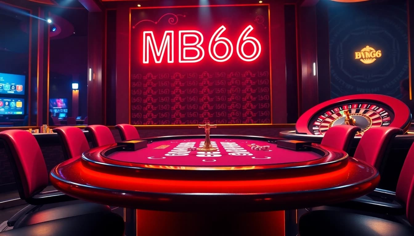 Players placing bets at a luxurious MB66 poker table in a vibrant casino atmosphere.