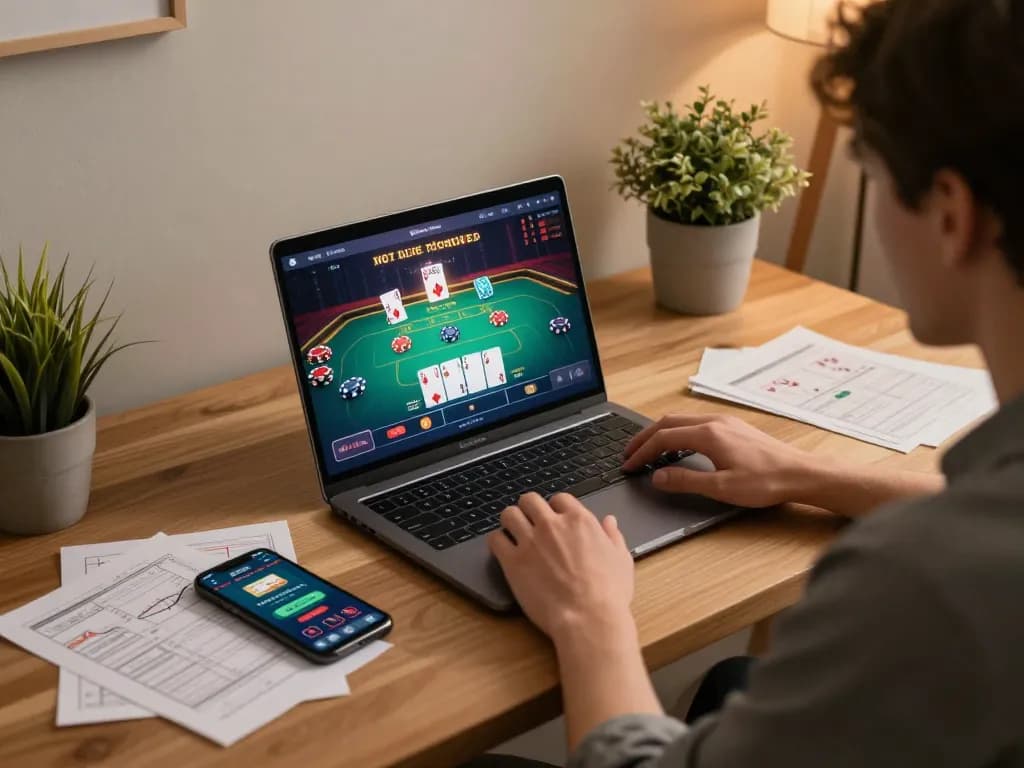 Engaging in mm88 online casino gaming with vibrant interface displayed on laptop and mobile device nearby.