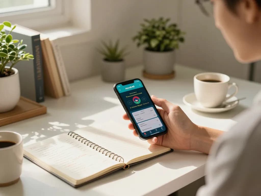 Bermain judi mobile dengan aplikasi merah4d di smartphone dalam kantor rumah yang nyaman.