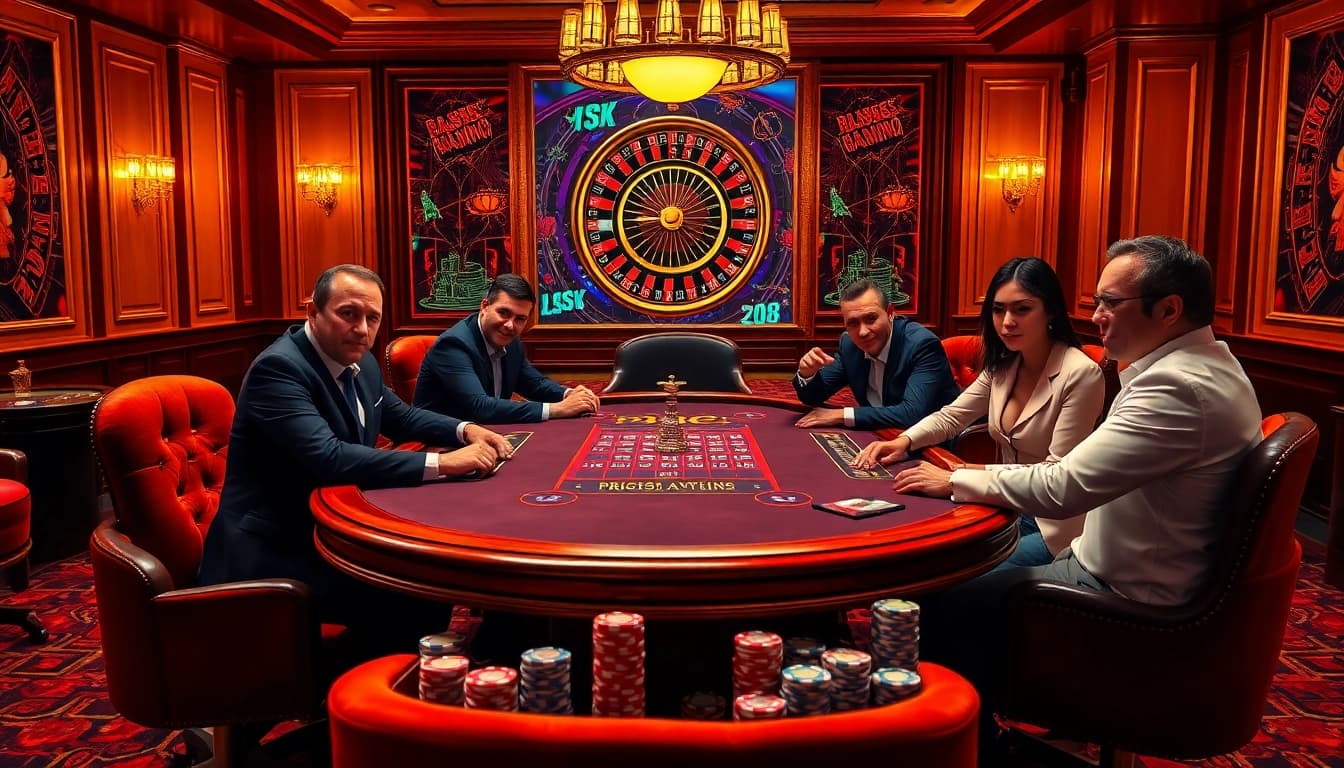 RR88 casino scene showing players at a luxurious poker table, emphasizing excitement and professionalism.