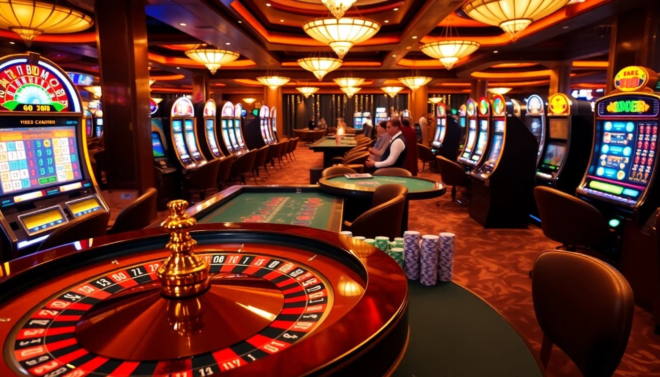 Exciting casino scene featuring go 88 gaming elements, vibrant slot machines, and strategic roulette.