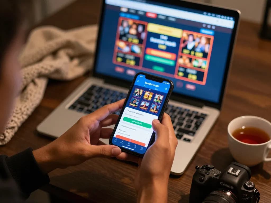 Permainan menarik pada aplikasi bandar togel ditampilkan di smartphone dalam pengaturan rumah yang nyaman.