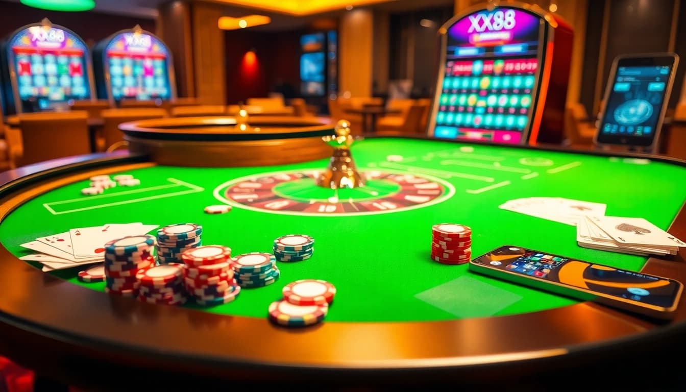 Play at xx88 com's exciting roulette table with sparkling chips and high-end casino ambiance.