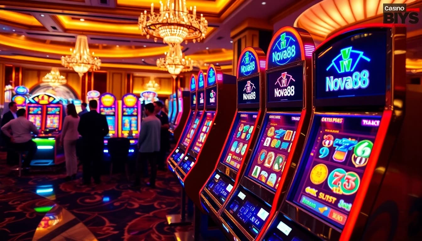 Engaging players at Nova88 slots machines in a lively casino setting.