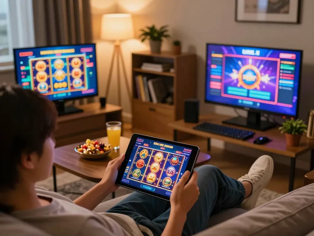 Engaging in BK8 online gaming with tablet, showcasing vibrant slot games and cozy atmosphere