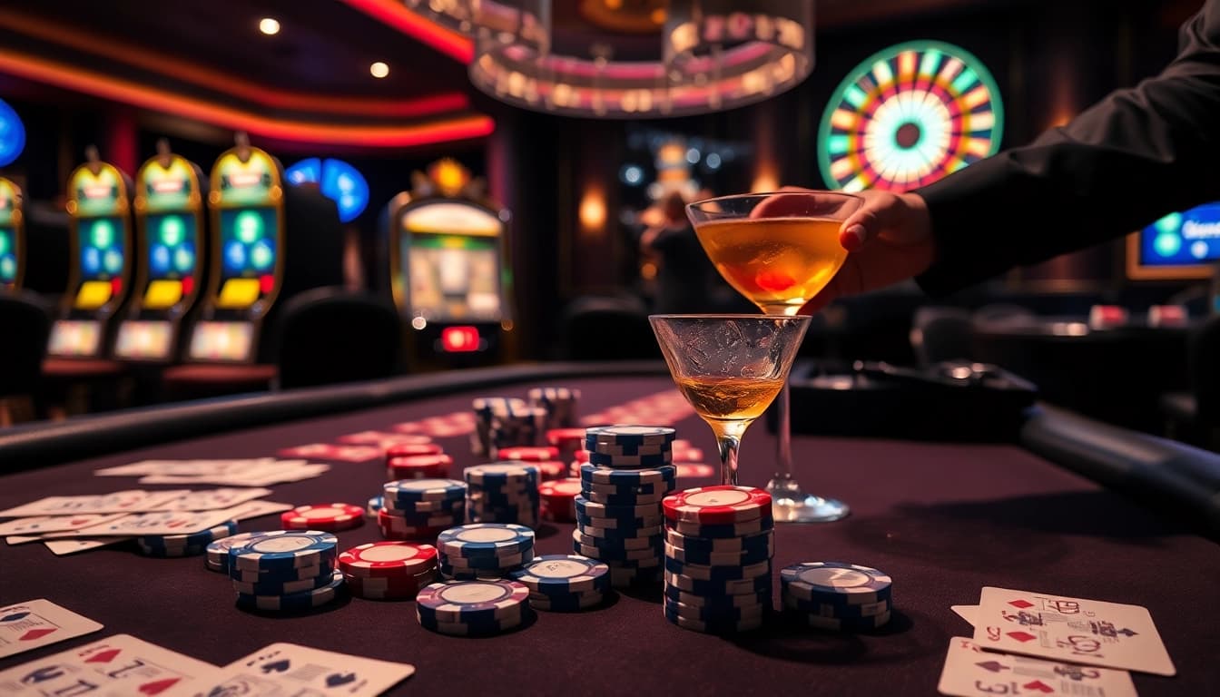 Experience a thrilling Ga6789 poker game with vibrant chips and a roulette wheel at a luxurious casino.