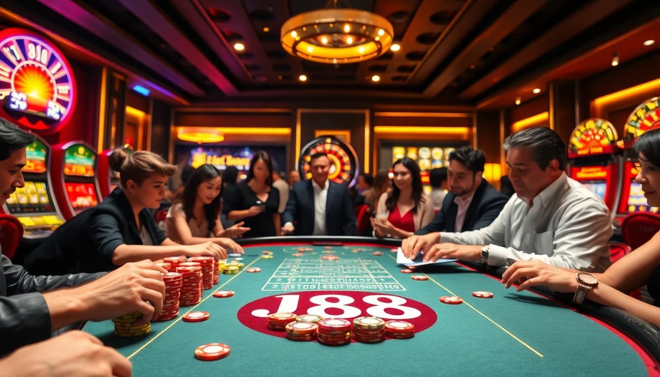 Engage in thrilling j88 gaming action at a luxurious casino table with vibrant colors.