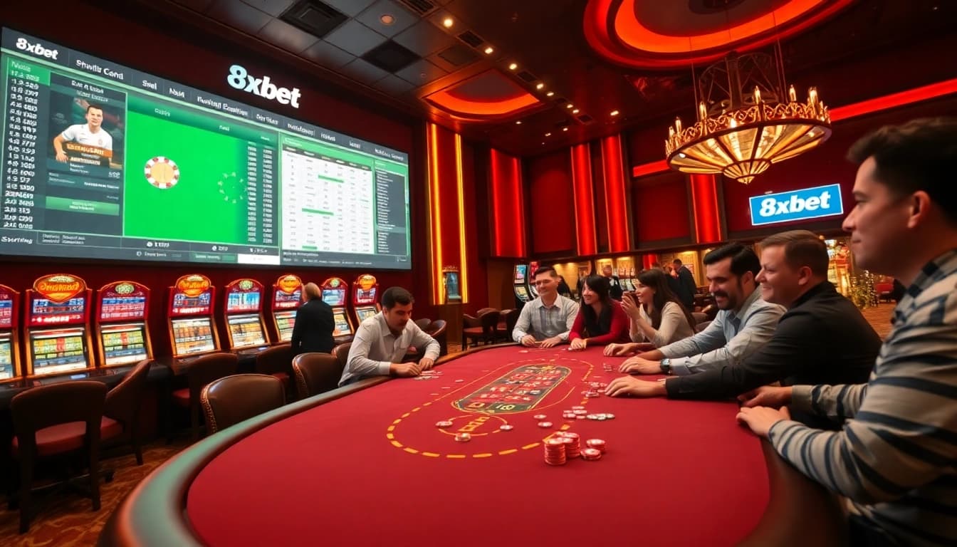 Experience thrilling gameplay at 8xbet's luxurious casino tables with poker chips and players.